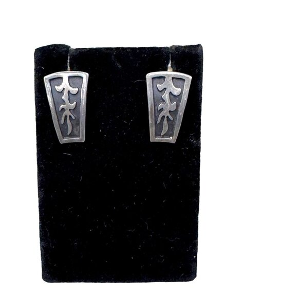 Vintage Alpaca Silver Screw Back Earrings Tribal Black Inlay Design For Women - Picture 2 of 8
